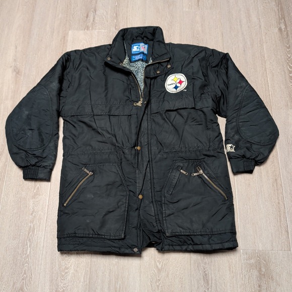 Vintage 90s Starter Pittsburgh Steelers NFL Parka Jacket Black Mens L Quilted